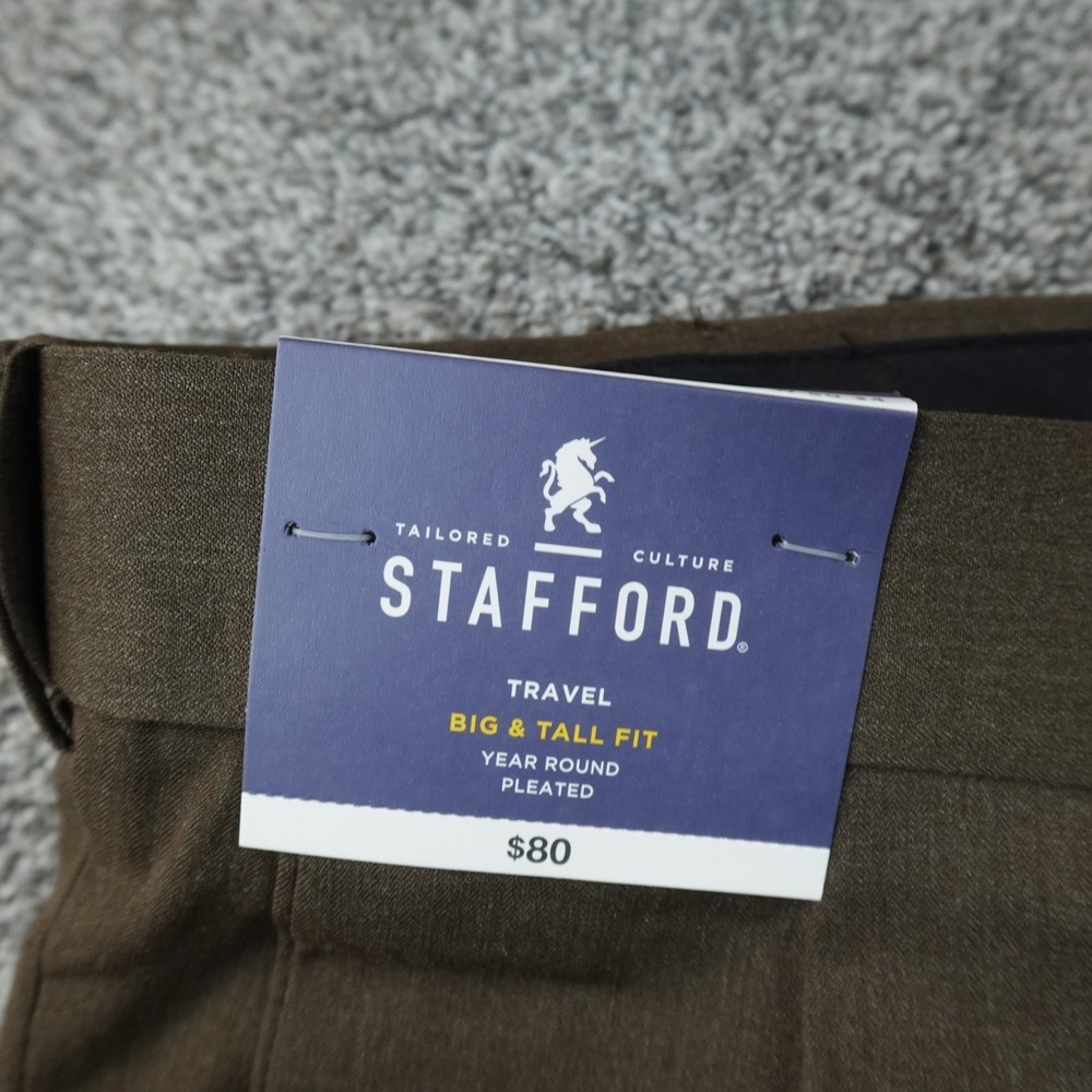 NEW Stafford Pants Mens 50X34 Brown Chino Trouser Pleated Cuffed Dress Slacks